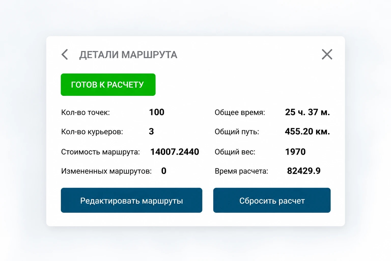 Сводка расчёта: 100 точек, 3 курьера, 25 ч 37 м, 455.20 км, стоимость 14 007